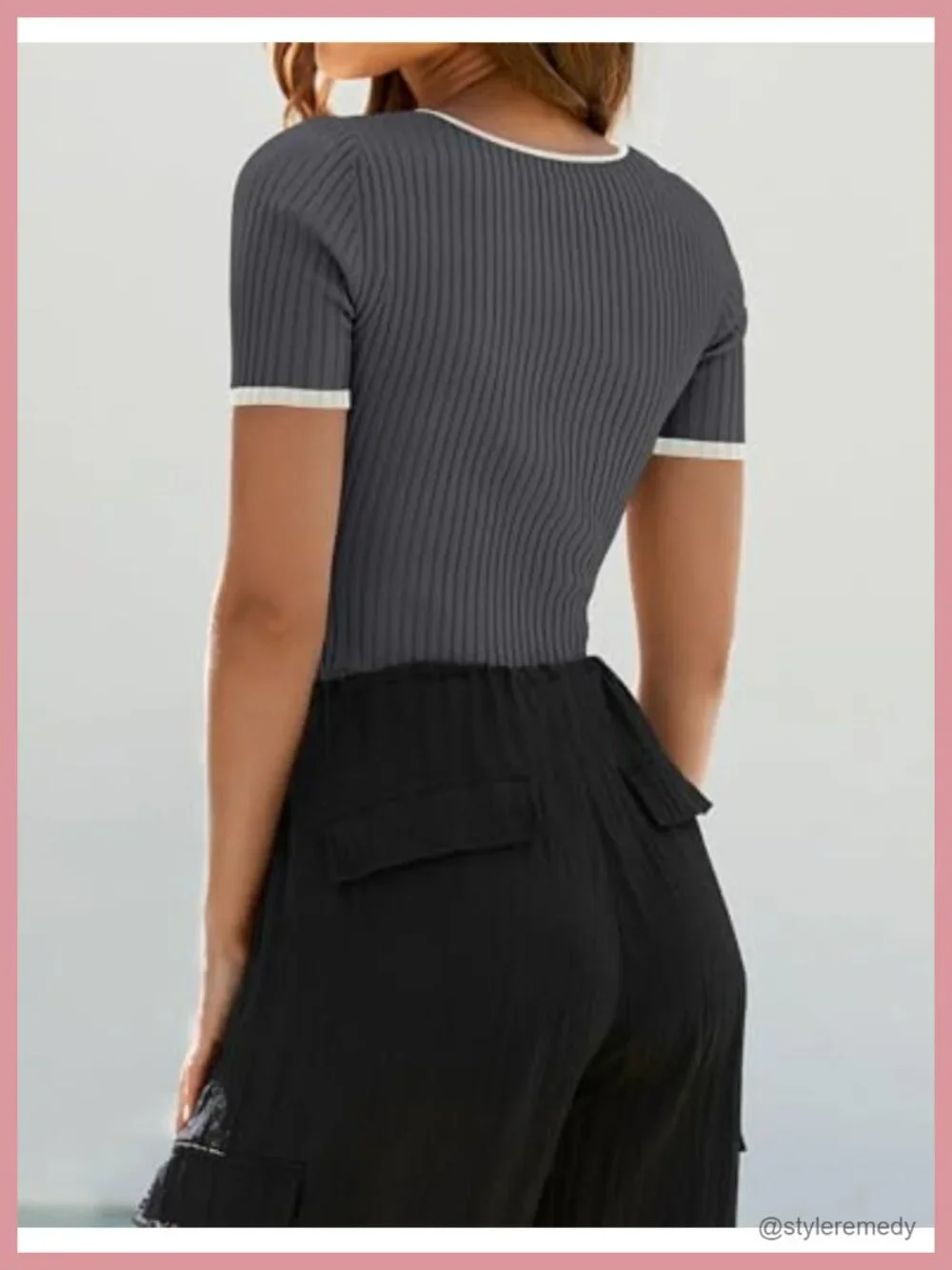 Short Sleeve Square Neck Color Block Ribbed Knit Crop Tee